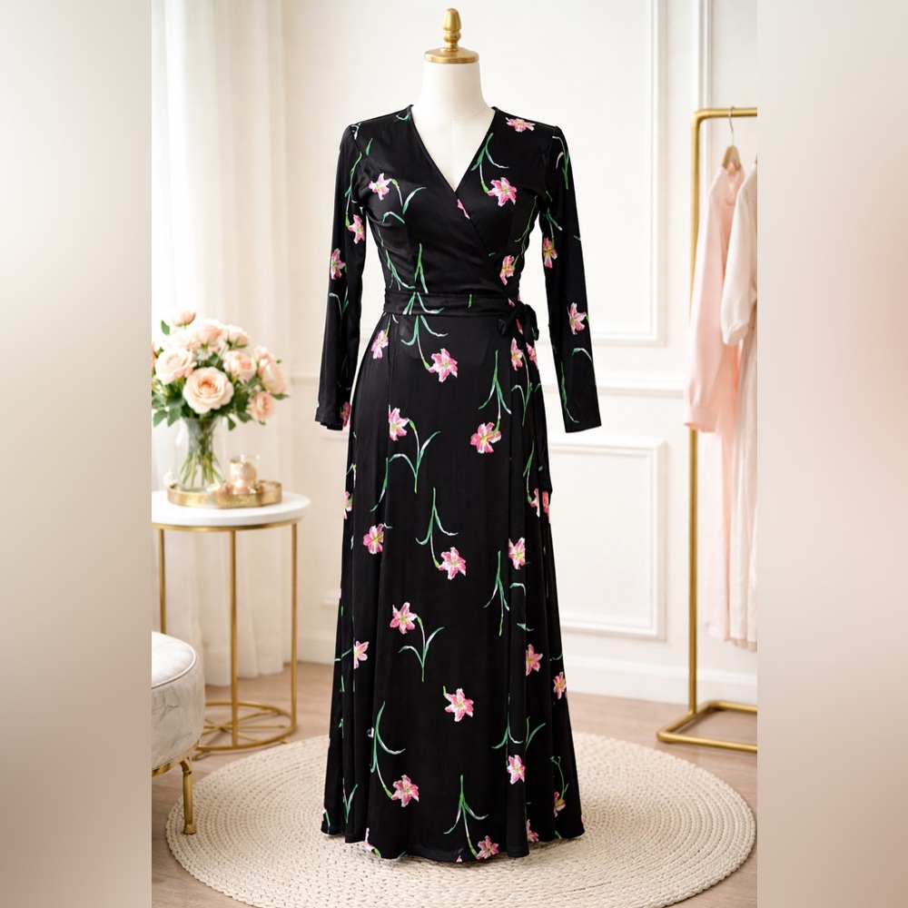 Vintage Pomeroy’s Dept. Store Pommy Jr. Maxi dress Black Floral  Wrap Tie 70’s